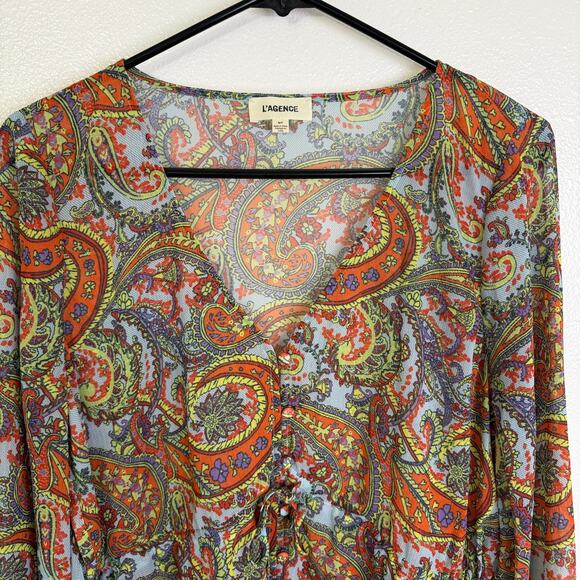 L'Agence Pixie Bohemian Blouse Womens Small Paisley Long Sleeve Boho Cinch Tie - Picture 3 of 11